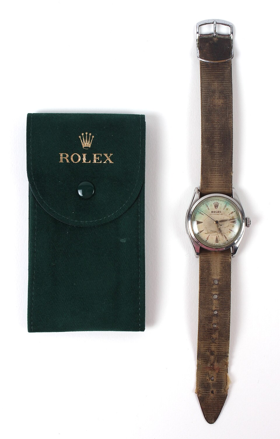 Rolex Oyster Perpetual: Rolex Oyster Perpetual dating from 1953, presented to Sir Edmund by Rolex Bosecks of Calcutta after his descent from Everest (Auckland Museum 2014.7.70, image 1 of 22)