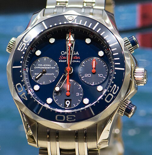 Omega Seamaster Diver 300M: Omega Seamaster Diver 300M chronograph (300 m), reference not stated on the file page; crop of a 2017 Amsterdam photo