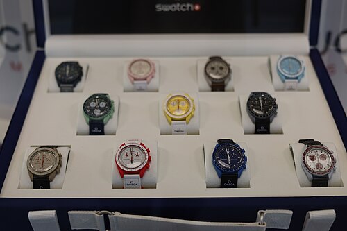 Swatch MoonSwatch: MoonSwatch models on display in the Swatch shop in Biel, August 2023