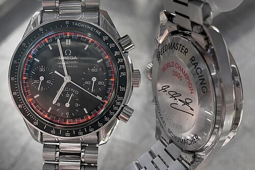 Omega Speedmaster Racing: Speedmaster Racing Michael Schumacher Edition 2000 (3518.50 per the file), front and engraved caseback no. 3692/6000, photomontage