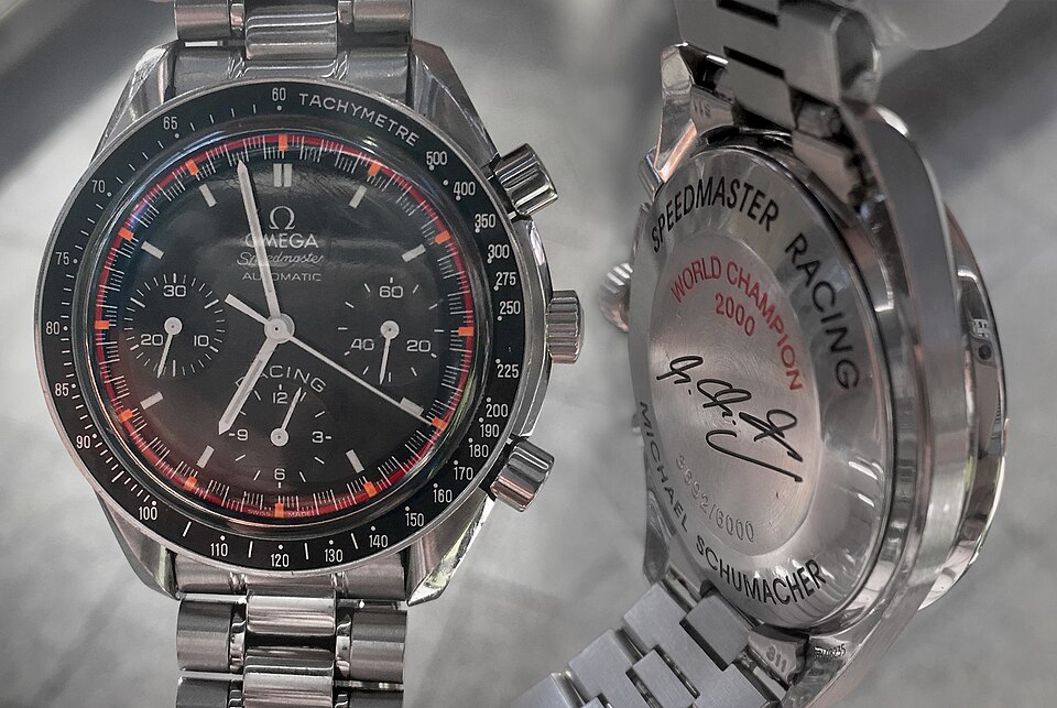 Omega Speedmaster Racing: Speedmaster Racing Michael Schumacher Edition 2000 (3518.50 per the file), front and engraved caseback no. 3692/6000, photomontage