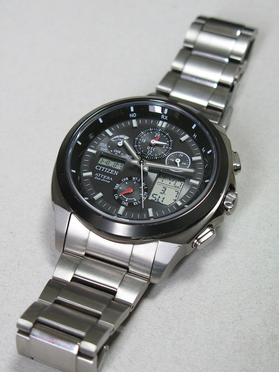 Citizen Eco-Drive: Citizen Attesa Eco-Drive radio-controlled ATV53-3023 on its Duratect titanium bracelet